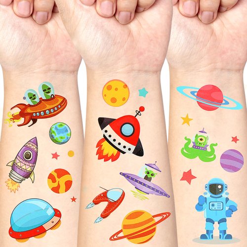 10 Sheets Space Temporary Tattoos for Kids, Waterproof Fake Tattoos Stickers, Cartoon Astronaut Spaceship Rocket Tattoos for Children Boys Girls Birthday Party Favour Supplies School Prizes Rewards