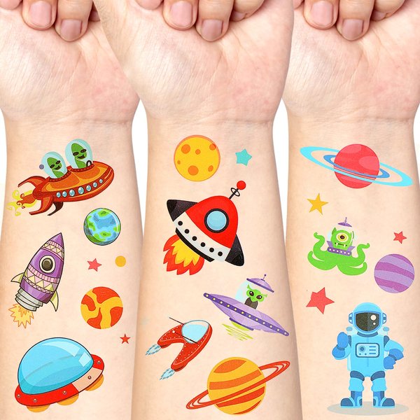 10 Sheets Space Temporary Tattoos for Kids, Waterproof Fake Tattoos Stickers, Cartoon Astronaut Spaceship Rocket Tattoos for Children Boys Girls Birthday Party Favour Supplies School Prizes Rewards