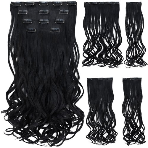 Dark Black Hair Extension,Clip hair Extensions 18&quot; wavy Synthetic 5.5 Oz HSPCYGG 22&quot; Straight Hai...