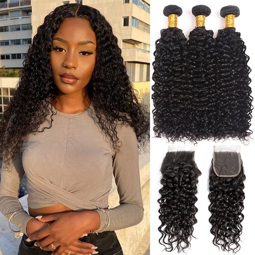 Vallbest Wet and Wavy Human Hair Weave Bundles with Lace Closure Brazilian Human Hair Water Wave 3 Bundles with Lace Closure (14 16 18+12 Inch) 100% Unprocessed Brazilian Short Wavy Hair Extensions