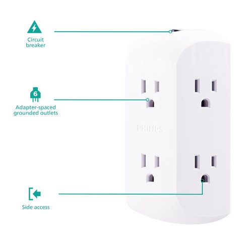 Philips 6-Outlet Extender, 2 Pack, Grounded Wall Tap, Reset Button, Circuit Breaker, Adapter Spaced Outlets, 3-Prong, Quick and Easy Install, Cruise Essentials, UL Listed, White, SPS1462WA/37