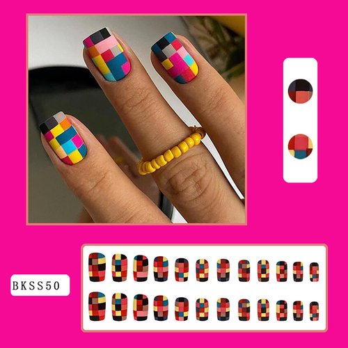 Vezocim Press on Nails Short Square-24Pcs Matte Full Cover Acrylic Square False Nails with Plaids Designs Artificial Extra Short Square Fake Nails with Glue Stick on Fingernails for Women Girls
