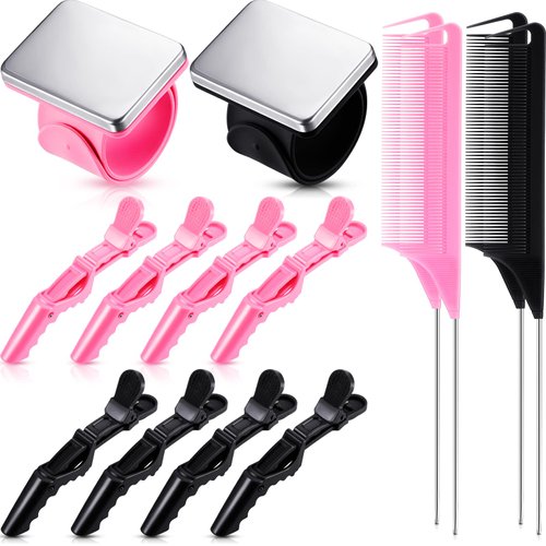 14-Piece Hair Braiding Set: 2 Magnetic Wristbands, 4 Parting Combs, 8 Wide-Tooth Sectioning Clips (Black, Pink)