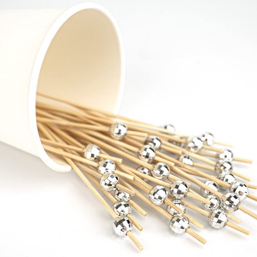 DecorWoo 100 Pcs Cocktail Picks, Disco Ball Decorative Toothpicks for Appetizers, Silver Cocktail Skewers for Appetizers, Wooden Long Cocktail Picks Disco Theme for Party Supplies (4.7 Inch, Silver)