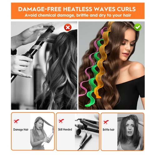 YEVYO 30 Pcs Heatless Hair Curlers Wave Curls Styling Kit with 2 Pcs Styling Hooks, No Heat Hair Curlers Heatless Wave Curlers for Women Girls Long Medium Short Hair (6 Colors, 25 cm/9.84 inch)