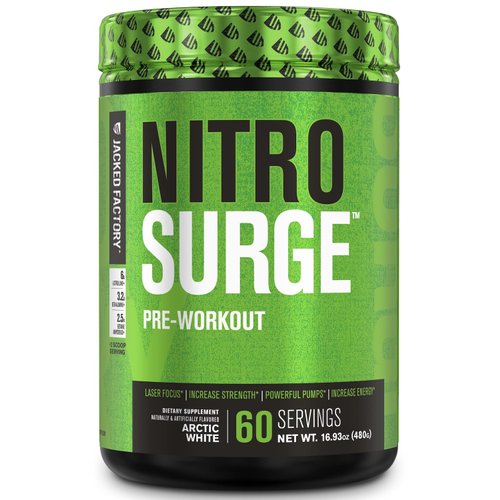 Jacked Factory NITROSURGE Pre Workout Supplement - Endless Energy, Instant Strength Gains, Clear Focus, Intense Pumps - Nitric Oxide Booster & Preworkout Energy Powder - 60 Servings, Arctic White