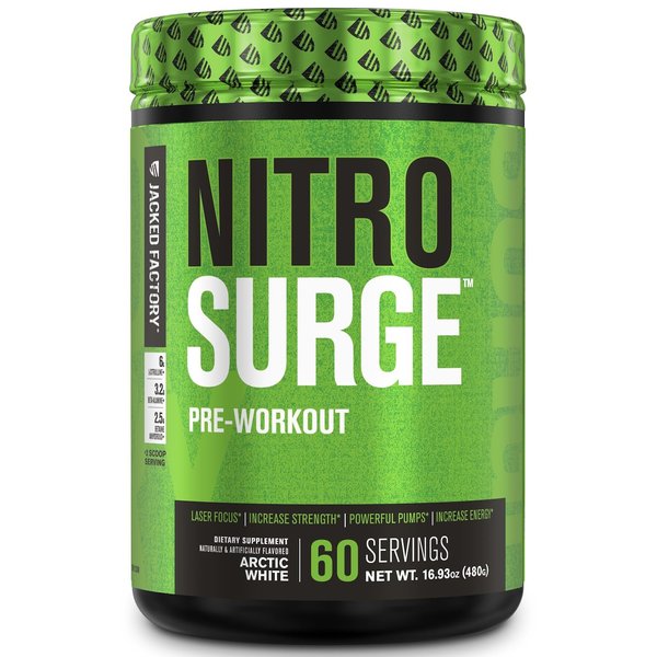 Jacked Factory NITROSURGE Pre Workout Supplement - Endless Energy, Instant Strength Gains, Clear Focus, Intense Pumps - Nitric Oxide Booster & Preworkout Energy Powder - 60 Servings, Arctic White