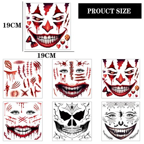 ENYACOS 5 Sheets Halloween Scary Face Tattoos+1 Sheet Fake Scars Stitches Tattoo,Bloody Mouth Tattoo,Halloween Zombie Make Up,Fake Wounds,Halloween Prank Makeup Temporary Tattoo (A)