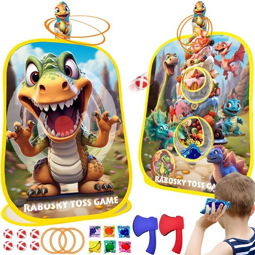 4-in-1 Dinosaur Toss Game for Kids 3-5 4-8 Axe Throwing Ring Toss Bean Bag Cornhole Game Set, Indoor Outdoor Backyard Toys for Toddlers Birthday Party Activities, Boys Gifts Easter Christmas
