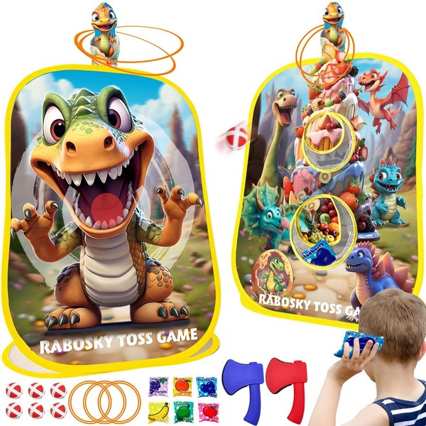 4-in-1 Dinosaur Toss Game for Kids 3-5 4-8 Axe Throwing Ring Toss Bean Bag Cornhole Game Set, Indoor Outdoor Backyard Toys for Toddlers Birthday Party Activities, Boys Gifts Easter Christmas