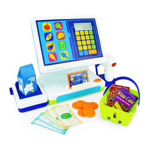 Boley 22-Piece Millennial Tablet Cash Register Toy - Play Cashier Station with Working Calculator, Scanner, Credit Card Reader, Grocery Basket & Play Food - Educational Role-Play for Toddlers