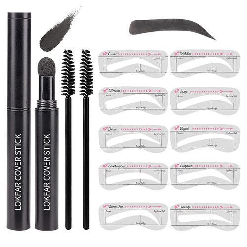 Eye-Brow Stamp Stencil Kit, Waterproof Brow Stamp Shaping Kit Eyebrow Definer, Eyebrow Filling Powder Stamp, Eye Brow Stamping Kit with 10 Eyebrow Stencils, 2 Eyebrow Brushes for Women (Black)