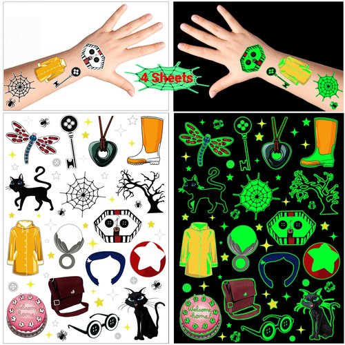 64 PCS Glow Carrtoon Temporary Tattoos, 4 Sheets Luminous Halloween Temporary Tattoos, Birthday Party Decorations Party Favors for Kids Party Supplies