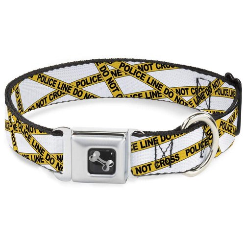 Dog Collar Seatbelt Buckle Police Line White Yellow 16 to 23 Inches 1.5 Inch Wide