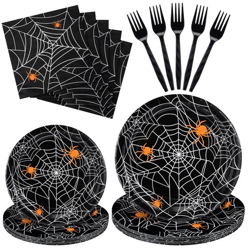 Soaoo 120 Pcs Halloween Party Supply Spider Web Tableware Set Include Dessert Plates Luncheon Napkins Plastic Forks, Disposable Halloween Dinnerware Halloween Paper Plates for Party (Orange)