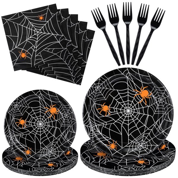 Soaoo 120 Pcs Halloween Party Supply Spider Web Tableware Set Include Dessert Plates Luncheon Napkins Plastic Forks, Disposable Halloween Dinnerware Halloween Paper Plates for Party (Orange)