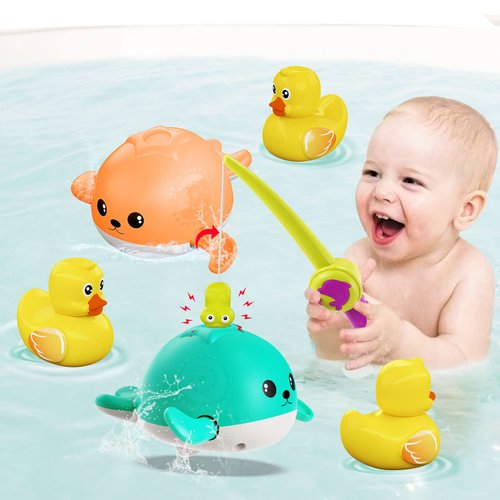 MOONTOY Fishing Bath Toys for Toddler 1-3 Magnetic Fishing Games Bathtub Toys, Baby Bath time Toys with Wind-Up Swimming Fish, Duck, and Whale Toys, Gifts for Toddler 12 Months up Boys and Girls