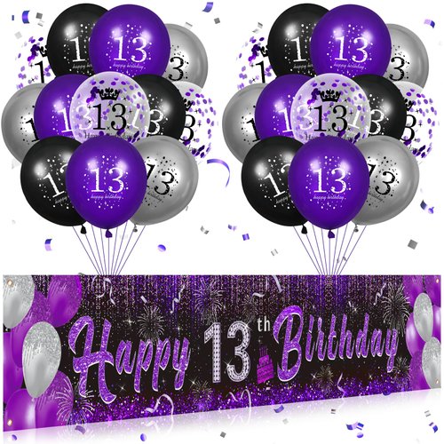 Purple 13th Birthday Decorations for Girls, Black Purple Silver Happy 13th Birthday Yard Banner and 24pcs 13th Birthday Balloons for 13th Birthday Anniversary Party Supplies Indoor Outdoor Decor