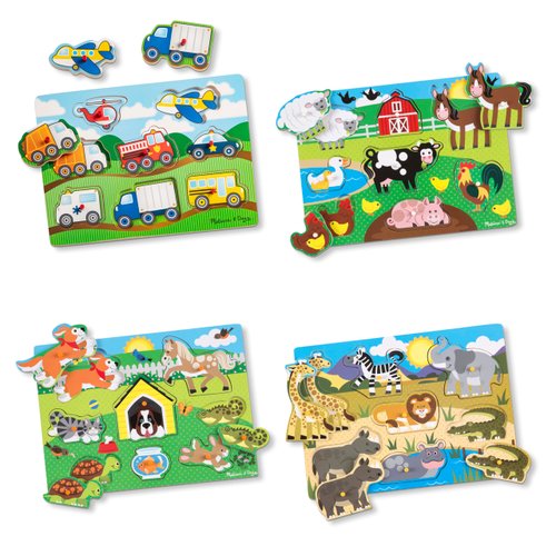 Melissa & Doug Wooden Peg Puzzle 4-Pack for Toddler and Preschool Boys and Girls – Vehicles, Farm, Safari, Pets