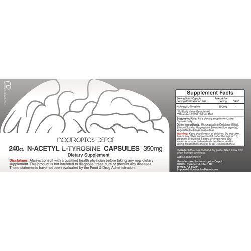 Nootropics Depot N-Acetyl L-Tyrosine Capsules | 350mg | 240 Count | NALT | Amino Acid Supplement | Natural Supplement | Supports Memory, Learning, Focus, Healthy Stress Levels