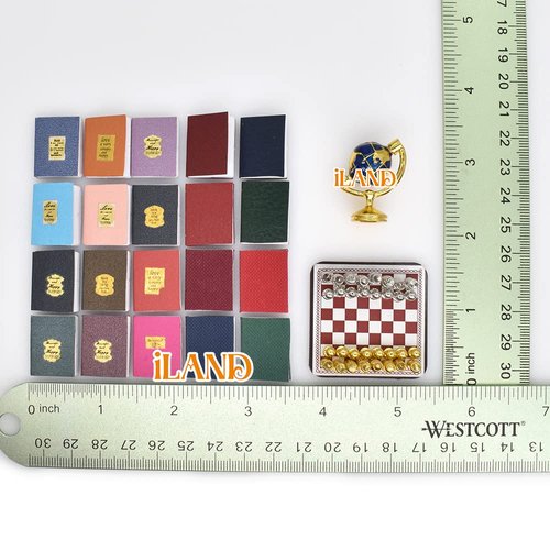iLAND Miniature Dollhouse Accessories for Dollhouse Furniture, Mini Book Globe Chess Set for Dollhouse Study Room (Classic 22pcs)