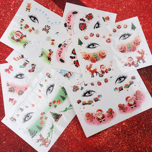 HIFANMM 8Pcs Christmas Fake Tattoos Xmas Cartoon Face Temporary Tattoos Santa Claus Gingerbread Xmas Reindeer Stockings Tattoo Stickers for Adults Kids Eye Makeup Kit for Face Decor Supplies