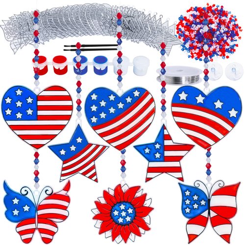 24 Sets Patriotic Suncatcher Ornaments Decoration DIY Window Paint Art Stickers Craft Kit American Heart Star Butterfly Suncatchers for Kids Classroom Patriotic 4th of July Activity Party Art Project