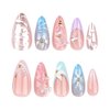 24Pcs French Press on Nails Medium Almond Fake Nails Cute Flower & 3D Butterfly Designs Rhinestones Press on Nails Full Cover False Nails Glossy Acrylic Nails Stick on Nails for Women Girls