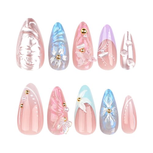 24Pcs French Press on Nails Medium Almond Fake Nails Cute Flower & 3D Butterfly Designs Rhinestones Press on Nails Full Cover False Nails Glossy Acrylic Nails Stick on Nails for Women Girls