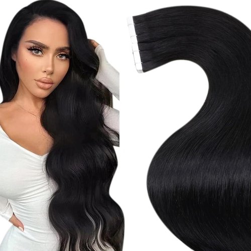 LaaVoo Tape in Hair Extensions Human Hair Tape in Hair Extensions Black 18Inch Tape in Extensions Human Hair Jet Black Silky Soft Hair 20pcs 50g
