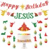 1 Set Happy Birthday Jesus Banner 11 Pcs Jesus Cupcake Topper a Cake Topper Red Glitter Christmas Birthday Banner Garland for Nativity Scene Christmas Religious Birthday Holiday Party Decorations