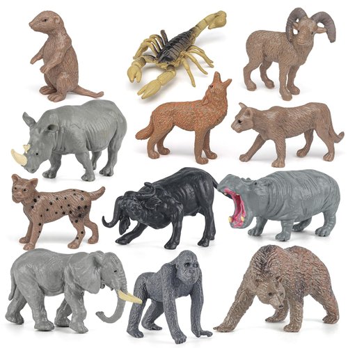 Saseocan Mianimals Wildlife Animal Model Toys 12 PCS Mini Elephant Buffalo Wolf Brown Bear Rhino Figurine Family Party Favors Supplies Cake Toppers Set Toys for Over 3 Years Old Boys Girls Kids