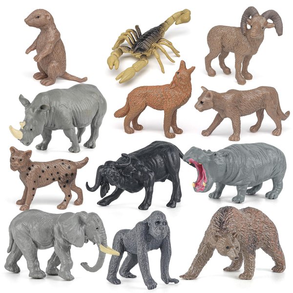 Saseocan Mianimals Wildlife Animal Model Toys 12 PCS Mini Elephant Buffalo Wolf Brown Bear Rhino Figurine Family Party Favors Supplies Cake Toppers Set Toys for Over 3 Years Old Boys Girls Kids