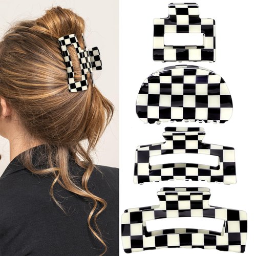 4Pcs Checkered Hair Claw Clips, Non-Slip Hair Jaw Clips for Thick, Thin, Curly, Straight, Long Hair, Simple Style Black and White Square Claw Clips, Women's Hair Accessories