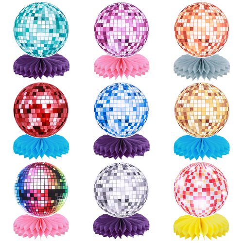 JIYIN 9pcs Disco Honeycomb Centerpieces, Colorful Disco Ball Table Decor Rock and Roll Theme Party Table Centerpieces Party Ball Centerpieces for 70s 80s 90s Disco Birthday Party Supplies(Multicolor2)