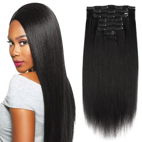 Sassina Brazilian Italian Yaki Straight Clip on Human Hair Extensions Real Remy Hair Clip in Extensions Clip in Hair for African American Black Women14inch 7 Pieces/Set 120 Grams