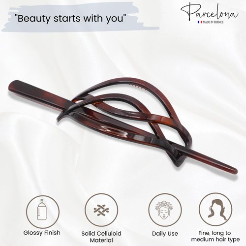 Parcelona French Twist Tortoise Shell Brown Chignon Ponytail Holder Hair Slider Pin Thru Hair Barrette with Stick For Women and Girls