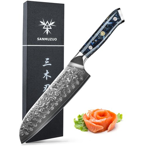 SANMUZUO Santoku Knife - 7 inch - Xuan Series - VG10 Damascus Steel Kitchen Knife - Resin Handle (Starry Black)