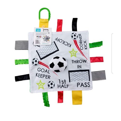 Baby Jack & Co 10x10” Soccer Sports Lovey Sensory Plush Blanket - Tag Toy for Babies - Baby Stroller Toys - Learn Shapes, Letters & Colors - MVP Baby Ball Toy & Baby Sports Gift w/Stroller Clip