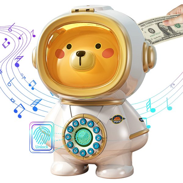 Deejoy Space Bear Piggy Bank for Kids，Electronic Mini ATM Savings Machine with Personal Password & Fingerprint Unlocking，Music and Night Light，Great Gifts for Kids, Boys and Girls Age 3-8 Years