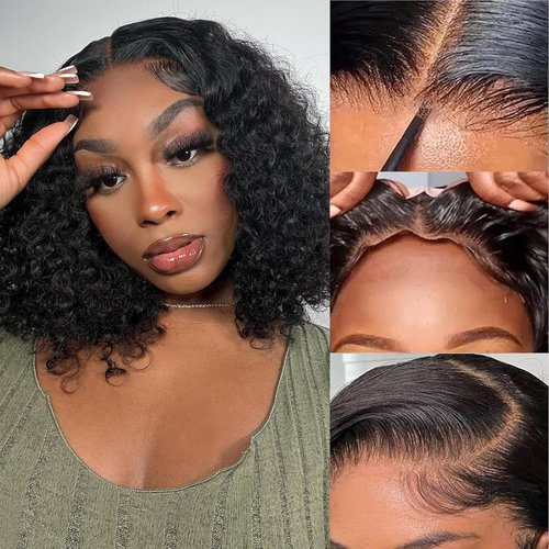 Tascal Glueless Bob Wig Human Hair Pre Plucked Pre Cut No Glue Curly Bob Wig Human Hair 4x4 Wear and Go Glueless Wigs Human Hair Short Curly Human Hair Wigs for Black Women 180% Density 12 Inch