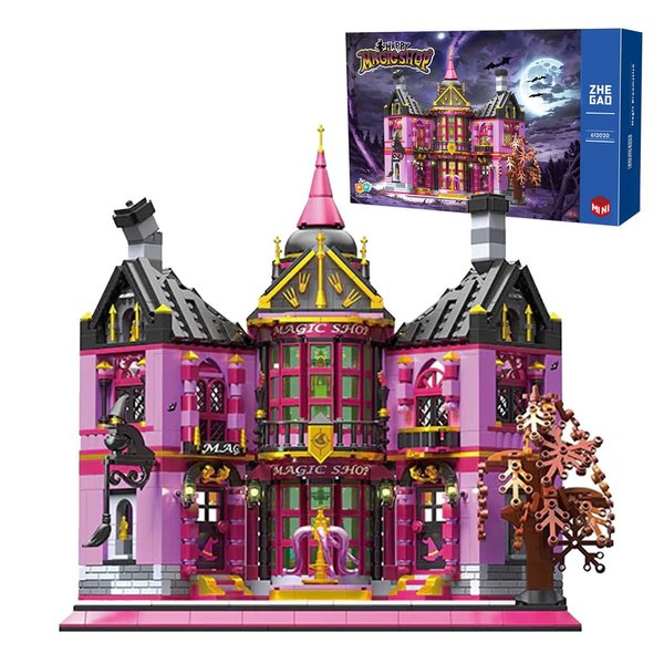 kowkis Halloween Magic Store Building Block Set with LED, MOC Micro Mini Building Sets Two-Story Haunted House for Teens and Adults Décor(1366 Pcs)