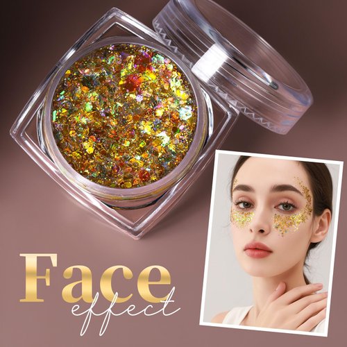 Teenitor Face Glitter Body Glitter, Gold Body Glitter Gel, Hair Glitter Gel, 6 Shapes Rave Glitter, Mermaid Sequins Makeup Glitters Face Paint, Chunky Sparkling Glitter Gel for Women