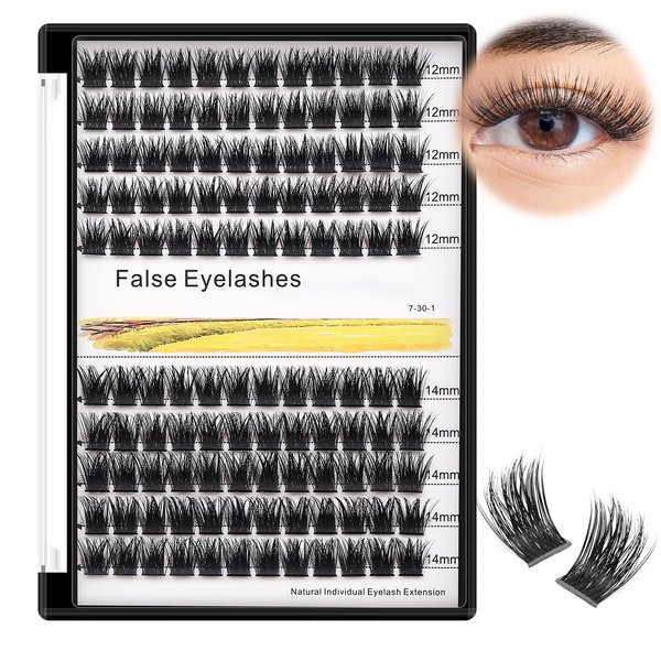 Bodermincer 120 Clusters 10mm+12mm/12mm+14mm/14mm+16mm Mixed Wide Cluster False Eyelash Individual Cluster EyeLashes Grafting Fake False Eyelashes Eyelash Extension (Black 12mm+14mm Mixed)