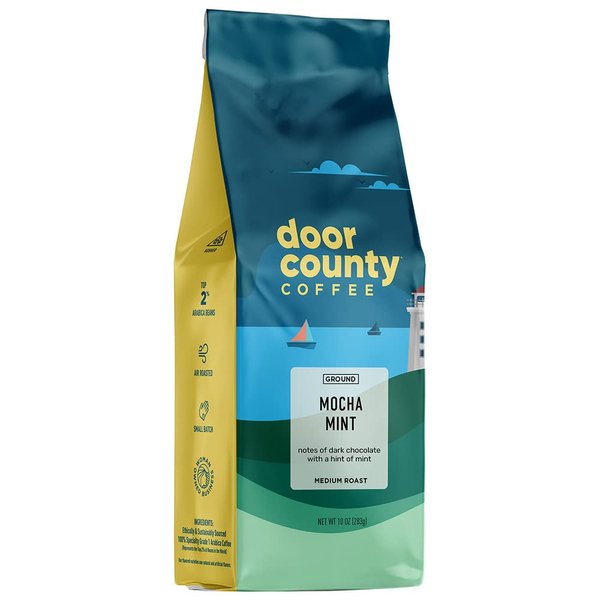 Door County Coffee - Mocha Mint, Dark Chocolate & Mint Flavored Ground Coffee - Medium Roast, 10 oz Bag