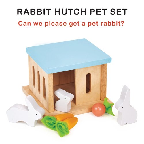Mentari Toys - Rabbit Hutch Pet Set - 7pc Wooden Bunny Family with House and Play Food - Dollhouse Accessory - Perfectly Sized for Dollhouses - Encourages Imaginative Play and Animal Care - Age 3+