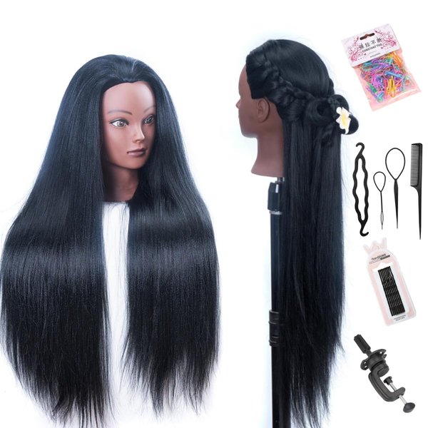 Mannequin Head with Hair 26" hair mannequin doll head hair styling manikin head Cosmetology Doll Head Multicolored Synthetic Fiber Hair Table Clamp Stand Included)(black YK)