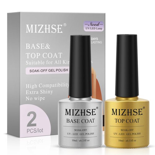 MIZHSE Gel Base and Top Coat, No Wipe Top Coat and Base Coat Set Glossy Finish Soak Off UV LED Nail Gel Long Lasting Nail Art