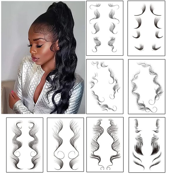 Bangs Tattoo Sticker Baby Hair Edges Side Bangs,8 Styles Popular Waterproof Fake Hair Fringe Edge Tattoo Stickers, Novelty Wig Natural Fashion Look Beauty DIY Hair Curler For Women Girls