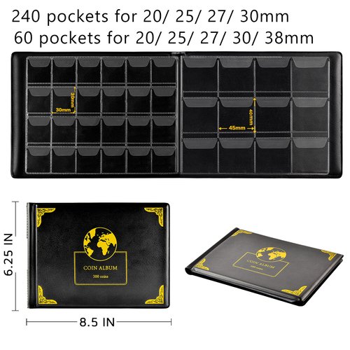 Coin Collection Supplies Holder Book for Collectors, 300 Pockets Coin Collection Organizer Storage Box Case Album for 20/25/ 27/30/ 38mm Coins- Black